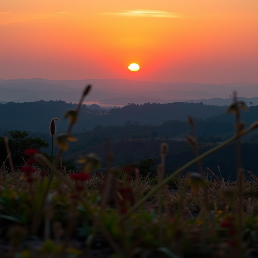 Create a high-resolution image of a serene landscape with a sunset background, using a Canon EOS R5 camera, 24mm lens, f/8 aperture, 1/125 sec shutter speed, ISO 100, shot from a low angle to capture foreground details and vibrant colors.