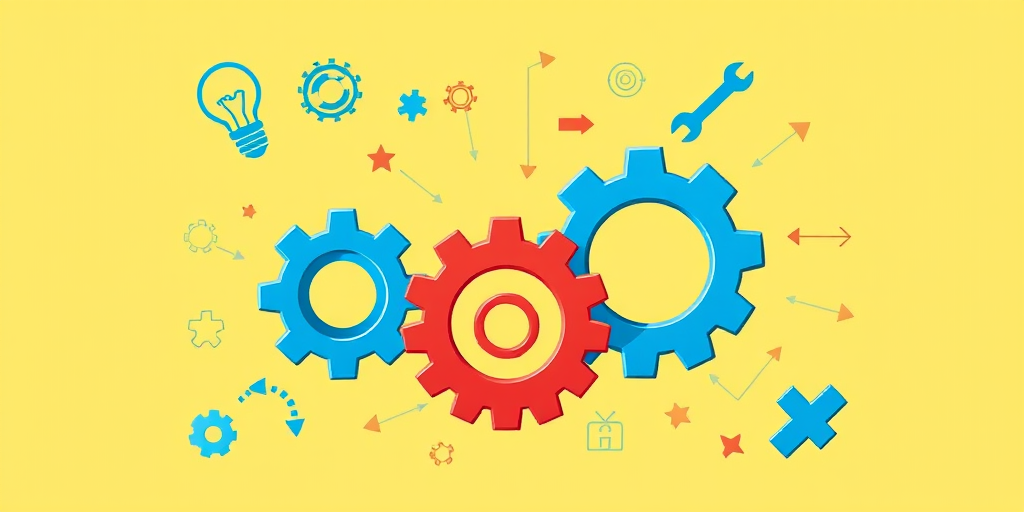 create a vibrant illustration of three interlocking gears in red and blue on a soft yellow background, include icons like a light bulb, wrench, puzzle pieces, and arrows scattered around, use a high-resolution digital camera, set aperture to f/8, shutter speed at 1/200s, ISO 100, with a shallow depth of field for soft background blur.