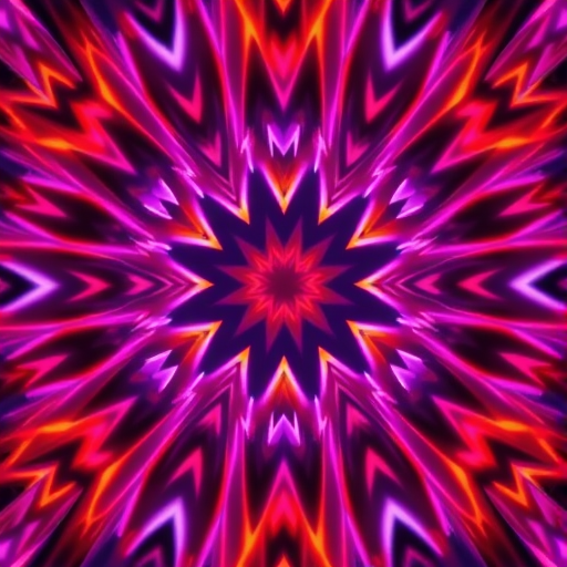 Generate a vibrant symmetrical abstract pattern with red, orange, and purple luminous lines forming intricate shapes, using a Canon EOS R5, 50mm lens, f/1.8 aperture, ISO 100, shot from a top-down perspective with a soft focus background to enhance the details and colors.