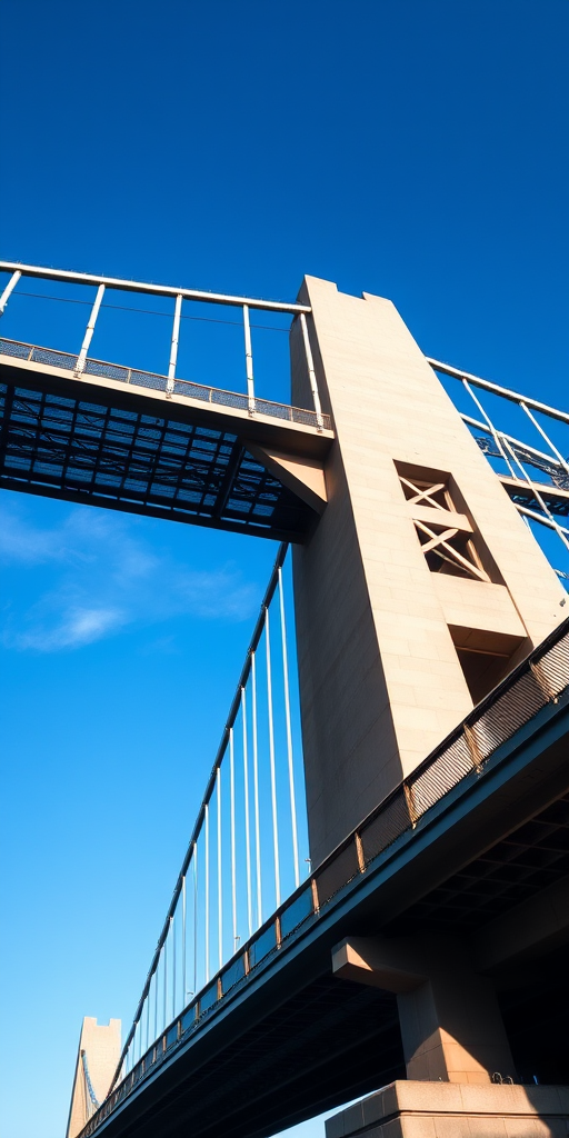 Generate a high-resolution image of the Sydney Harbour Bridge with a clear blue sky in the background, shot from a low angle perspective using a DSLR camera with a 24mm lens at f/8, ISO 100, and a shutter speed of 1/200 sec for optimal clarity and detail.