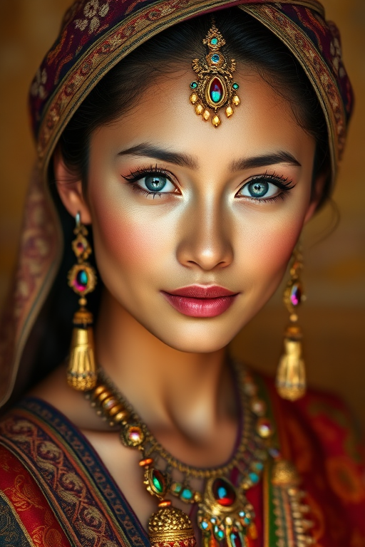 Create a portrait of a beautiful Thai woman with striking blue eyes and a gentle expression. She is adorned in traditional attire with intricate patterns, including a richly embroidered headscarf and matching garments. Her jewelry includes a delicate headpiece, dangling earrings, and ornate bracelets, all featuring vibrant gemstones and detailed metalwork. The background is soft and warm, enhancing the rich colors of her outfit and jewelry.