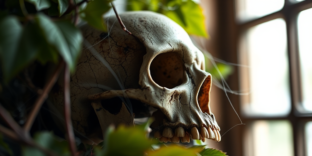 Capture a close-up view of a weathered skull partially obscured by leaves and cobwebs, soft natural light filtering in from a window, aperture f/2.8 for shallow depth of field, ISO 200 for clarity, shot with a DSLR camera using a 50mm lens in macro mode.