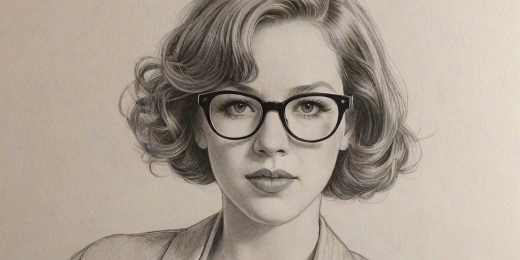 Captivating Molly Ringwald, pencil sketch, portrait of Alluring woman 1935s in glasses, hair style beatnik, outline, clear lines, fine lines, 8k