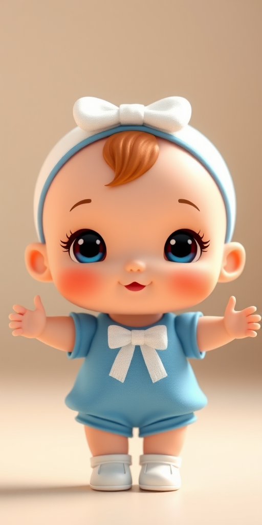 Create an illustration of a cartoon baby doll wearing a blue outfit with a white bow, standing with arms outstretched, shot in high resolution with a 50mm lens, f/2.8 aperture, ISO 100, and a soft focus background to enhance detail and clarity.