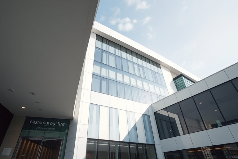 modern office building design, minimalistic style, high-resolution, wide-angle view, f/8 aperture, ISO 100, 50mm lens, daylight settings, sharp focus, clean background