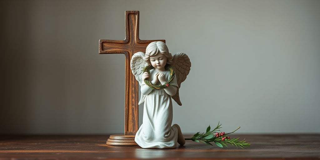 Create a high-resolution image of a serene angelic statue kneeling next to a wooden cross, holding a wreath with a muted background, captured with a DSLR camera at f/1.8, ISO 100, 50mm lens, soft natural light for enhanced details and texture.