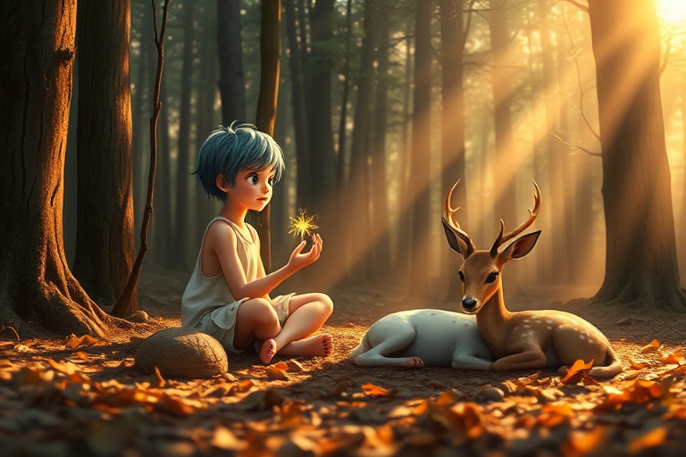 A luminous digital painting of a serene forest scene featuring a barefoot young male, about 7 years old, with blue hair and fair skin, dressed in a simple white outfit. He sits cross-legged on the forest floor, gazing at a small, glowing, magical firefly in his hand. Beside him, a delicate spotted deer lies calmly on a bed of dried leaves, observing the scene. The dense forest is bathed in warm, golden light filtering through the trees, creating a peaceful, magical atmosphere with a blend of natural and mystical elements.