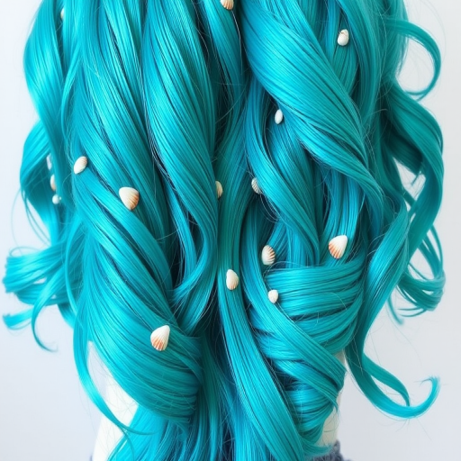 Vibrant teal mermaid waves cascade down to the waist, shimmering with iridescent highlights and adorned with tiny seashells, creating a mesmerizing underwater-inspired look called "Oceanic Dream"