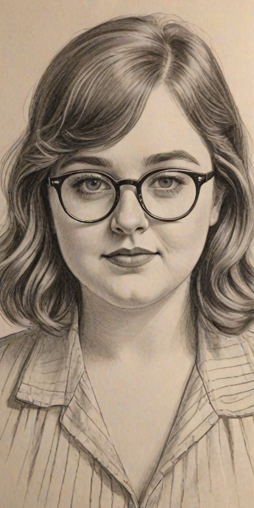 Fascinating Aidy Bryant, pencil sketch, portrait of Resplendent woman 1929s in glasses, hair style beatnik, outline, clear lines, fine lines, 8k