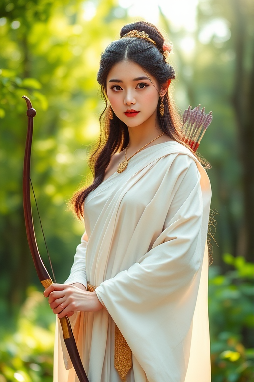 Create a portrait of a goddess-like Chinese girl figure in a tranquil, forested environment. She has an elegant appearance with long, wavy hair styled in an updo and adorned with a delicate, floral headband. She wears a flowing, ancient Greek-inspired gown in a soft, pale color, featuring a one-shoulder design and draped fabric that accentuates her graceful form. The outfit includes a decorative belt with ornate gold detailing, and she holds a bow in her hand, with a quiver of arrows slung over her shoulder. The background depicts lush greenery, with sunlight filtering through the trees, casting a gentle, ethereal light on the scene. Her expression is calm and contemplative, embodying a sense of wisdom and serenity.