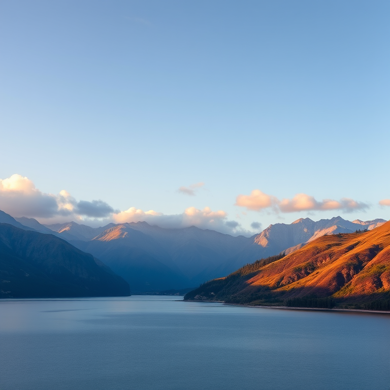 Create a high-resolution image of a serene landscape featuring a calm lake surrounded by mountains at sunrise with soft clouds in the sky, using a Canon EOS 5D Mark IV, 24mm lens, aperture f/8, ISO 100, shutter speed 1/125 sec, shot from a mid-range perspective with natural lighting.