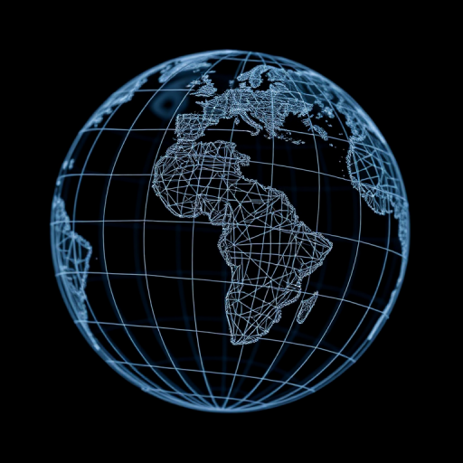 Create a high-resolution, three-dimensional wireframe globe with a black background, using a Canon EOS 5D Mark IV with a 50mm lens at f/8, ISO 100, and a shutter speed of 1/125s, captured from a slightly elevated angle to provide depth and perspective.