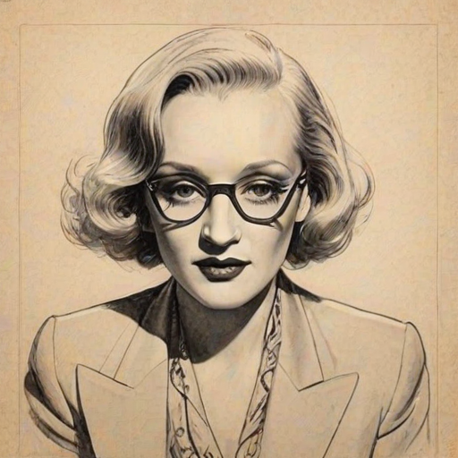 Captivating Marlene Dietrich, pencil sketch, portrait of Comely woman 1922s in glasses, hair style beatnik, outline, clear lines, fine lines, 8k