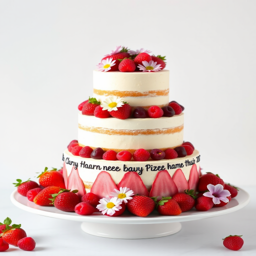 Three tiered cake decorated with fresh strawberries raspberries and edible flowers placed on a white serving plate against a light background