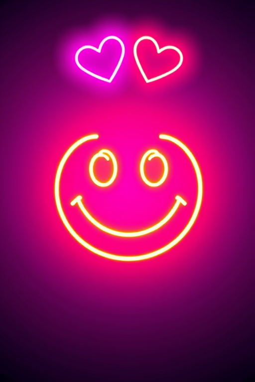 Create a vibrant digital illustration featuring a neon smiley face with two hearts above it, set against a gradient dark purple background, using a 50mm lens, f/1.8 aperture, ISO 200, and an overhead softbox lighting setup to enhance the glow and contrast.