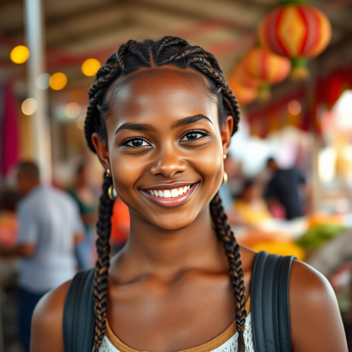 Portrait of a young woman with braided hair smiling in a festive outdoor market setting, shallow depth of field, aperture f/2.8, ISO 100, shutter speed 1/200s, taken with a Canon EOS R5, using a 50mm lens for a warm and soft background.