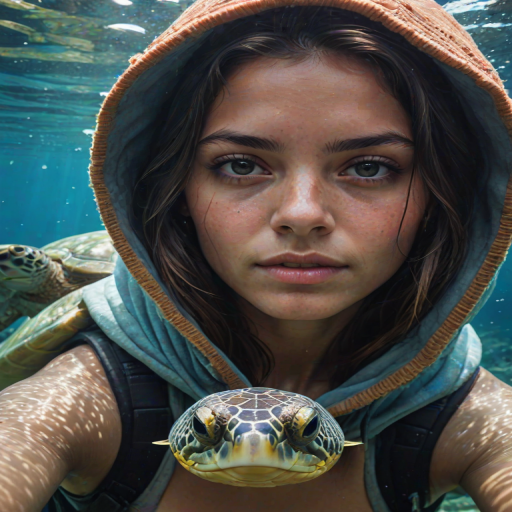 Realistic selfie image of a Guarani, wearing a vintage outfit, detailed dreamy eyes, droopy hooded eyes, staring at the camera, taken underwater at coral reef with a sunbeam filtering through the water, vibrant, summer vacation, natural lighting, turtle and school of tropical fish with vibrant colors, rendered in the style of CryEngine, Pegi Nicol MacLeod, with realistic genre scenes, hauntingly beautiful narratives, ultra-realism, and Thomas Saliot's close-up technique, 8K resolution, crystal clear and sparkling water.