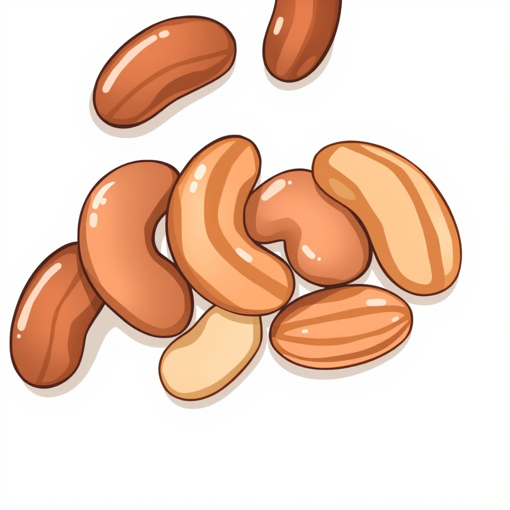 Create an illustrated image of shiny, striped brown and beige bean shapes against a plain background using a high-resolution digital camera with a 50mm lens at f/1.8, ISO 100, and a soft focus to enhance details.