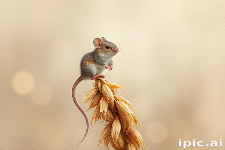 Soft, muted Alcohol Ink with ebru effect background image of tiny whimsical mousey, who climbed high on the top of a golden rye ear.