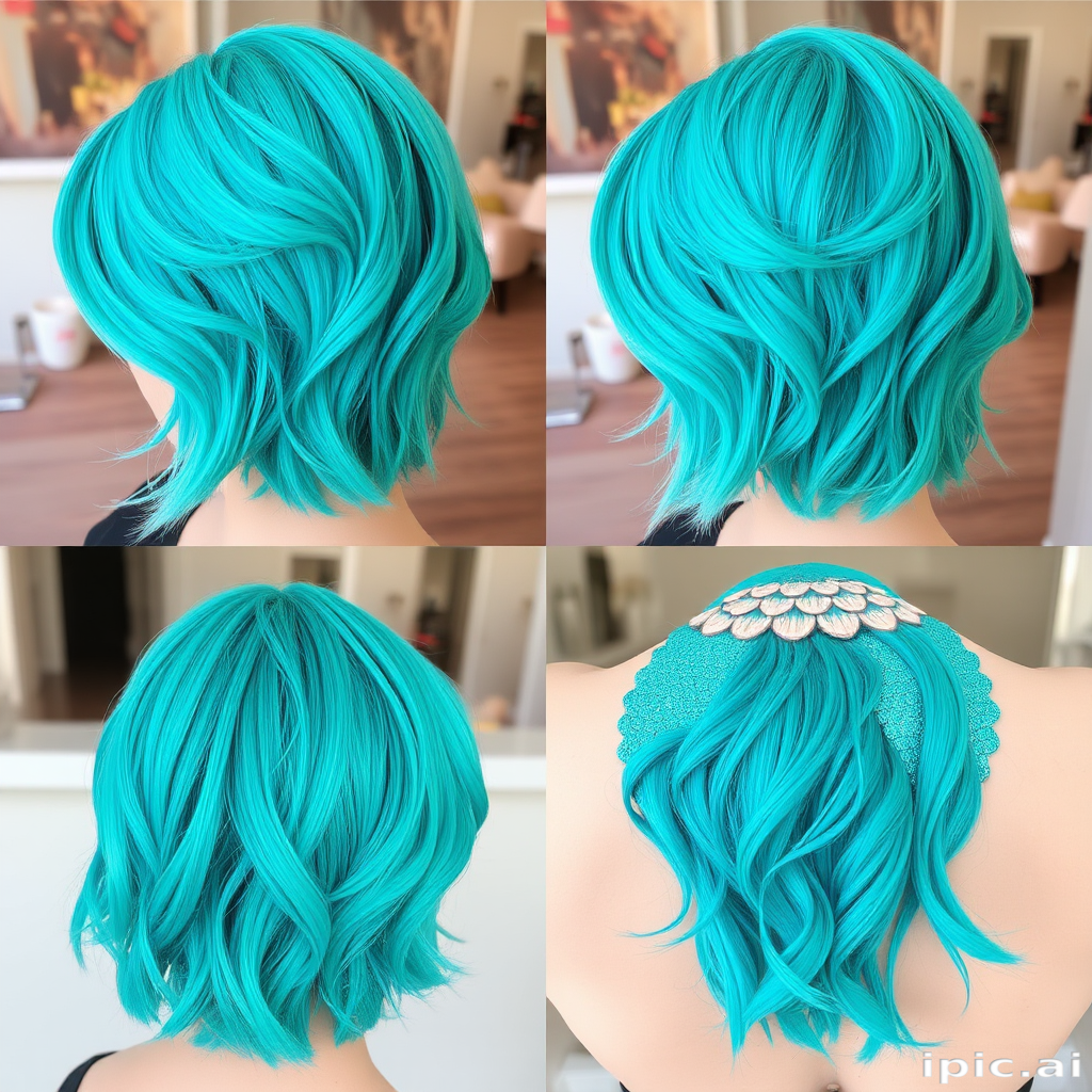 Playful turquoise bob cut called "Mermaid's Mischief" boasts choppy layers and beachy waves, accented with shimmering scales painted onto the undercut design