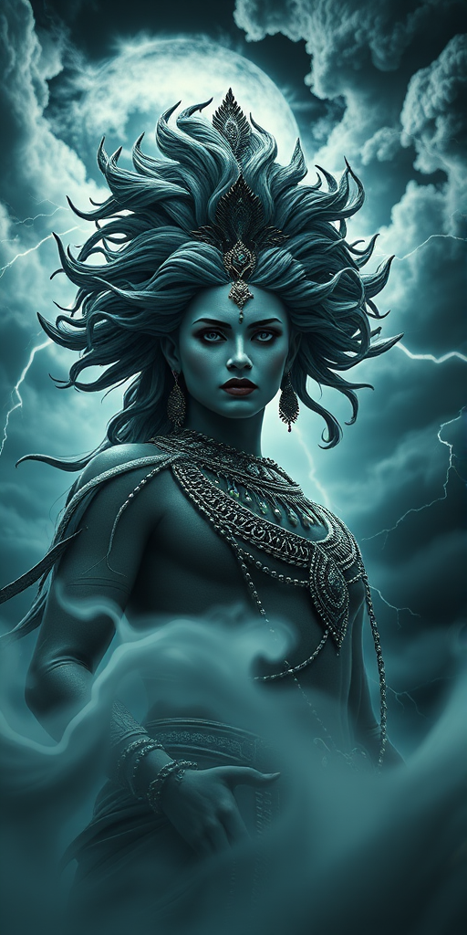 A majestic figure inspired by a deity, standing amidst a fierce storm with swirling clouds and lightning, intricately detailed hair and jewelry, dramatic lighting emphasizing facial features, shot with a Canon EOS R5, 50mm f/1.2 lens, ISO 100, aperture f/2.8, with a low-angle view to enhance grandeur, in a high-dynamic-range style.