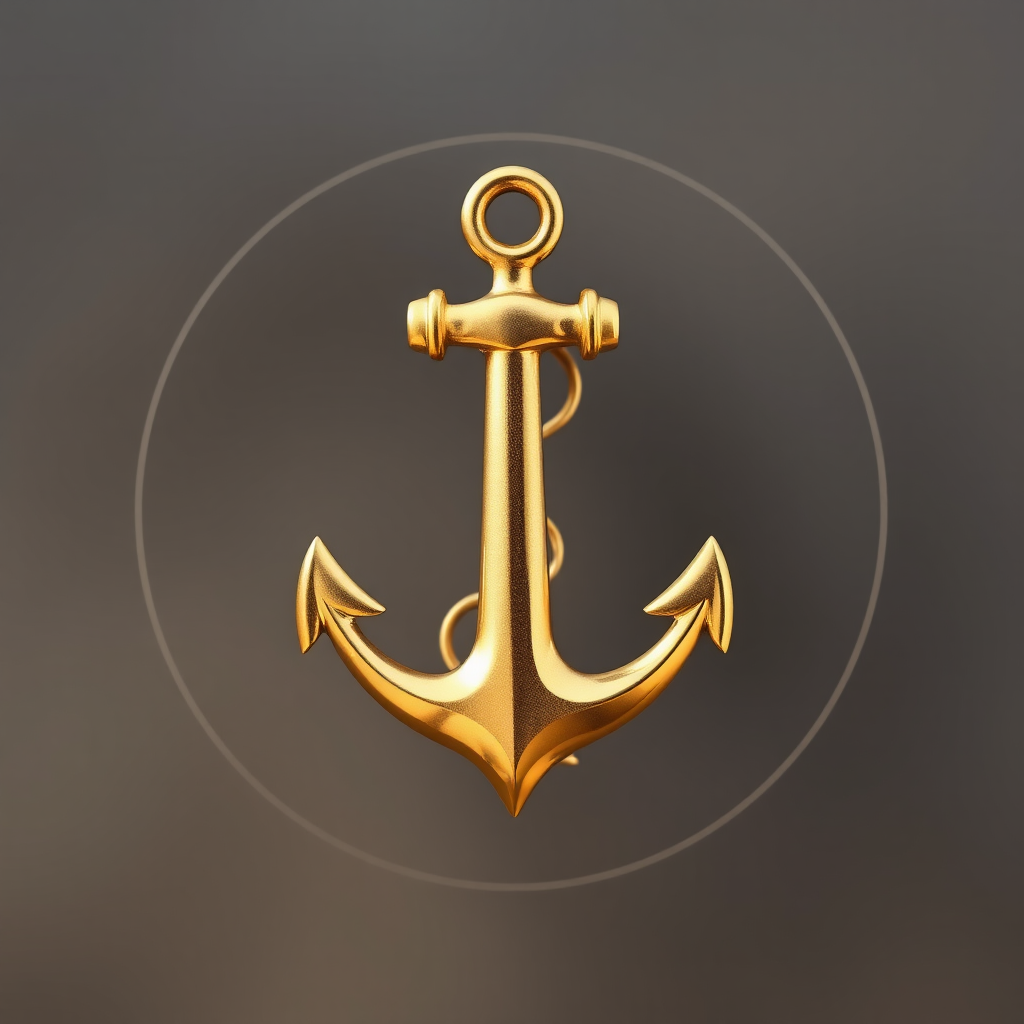 create a high-resolution image of a golden anchor icon on a transparent background, use a Canon EOS R5 camera, 50mm lens, f/2.8 aperture, ISO 100, natural lighting, with a soft focus effect to enhance the icon's details