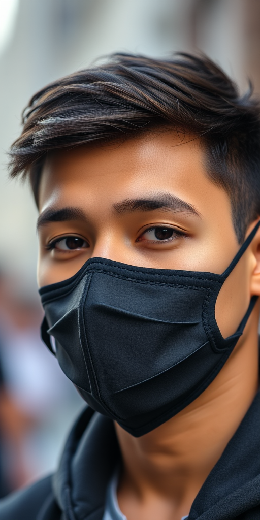 Portrait of a young man wearing a black face mask, captured with a Canon EOS 5D Mark IV, 50mm lens, f/1.8 aperture, ISO 100, 1/200s shutter speed, soft focus background for enhanced detail and clarity.