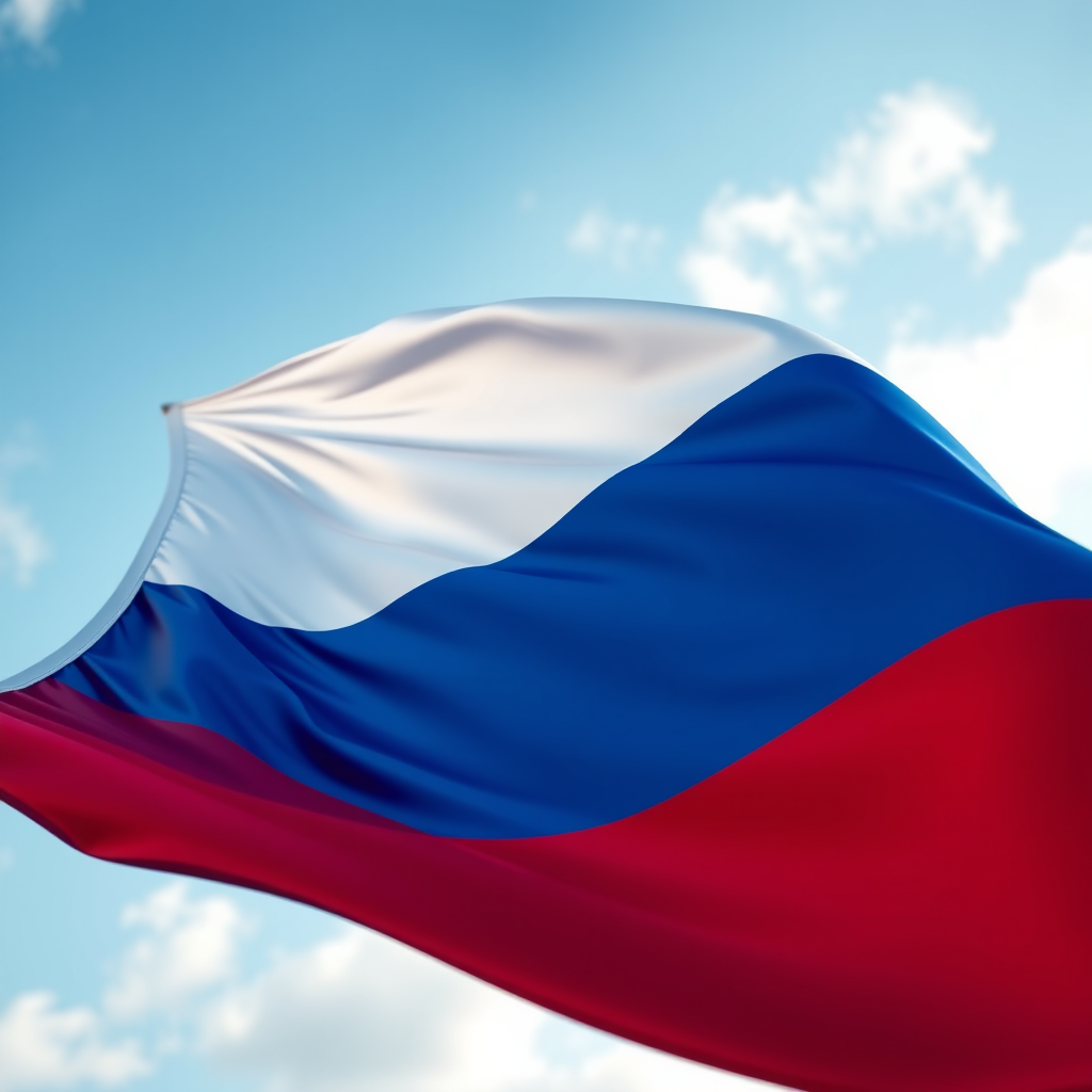 Create an image of a waving flag of Russia with vibrant colors, captured in high resolution with a DSLR camera, 50mm lens, f/2.8 aperture, ISO 200, shot from a low angle to enhance the 3D effect and add dynamic movement.