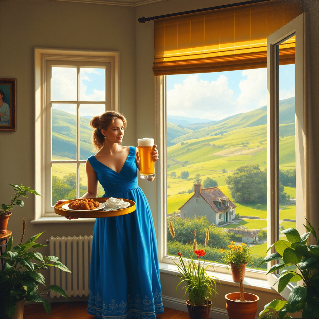 In "A Glass of Beer on the Highland," a serene scene is depicted in a sunlit room where a woman in a vibrant blue dress stands by a large window. She holds a tray with a hearty meal and a frothy glass of beer, embodying a moment of relaxation. Outside, the breathtaking highland landscape features rolling green hills and a charming traditional house, all bathed in warm afternoon light. The interior is adorned with potted plants, creating a harmonious blend of comfort and nature. The painting beautifully captures the tranquility and joy found in simple pleasures amidst stunning scenery