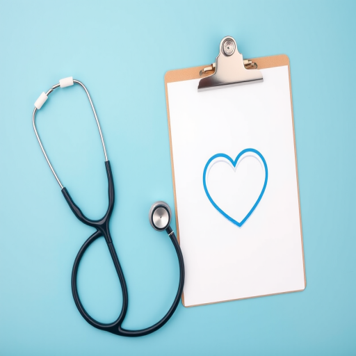 A stethoscope next to a medical clipboard with a heart logo on a bright blue background, captured with a Canon EOS 5D, 50mm lens, f/2.8 aperture, ISO 100, shot in a flat lay style for a clear and vibrant image.