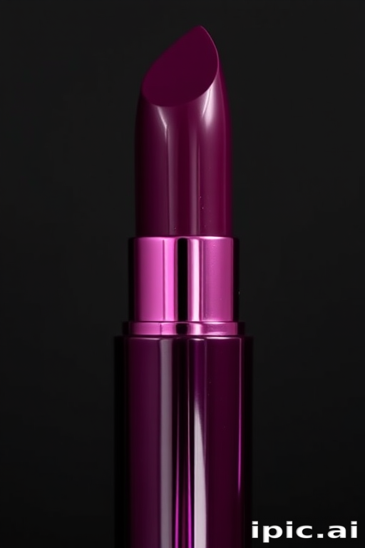 Deep plum lipstick with a glossy vinyl finish, titled "Midnight Orchid," boasting intense pigmentation and a high-shine, wet-look appearance