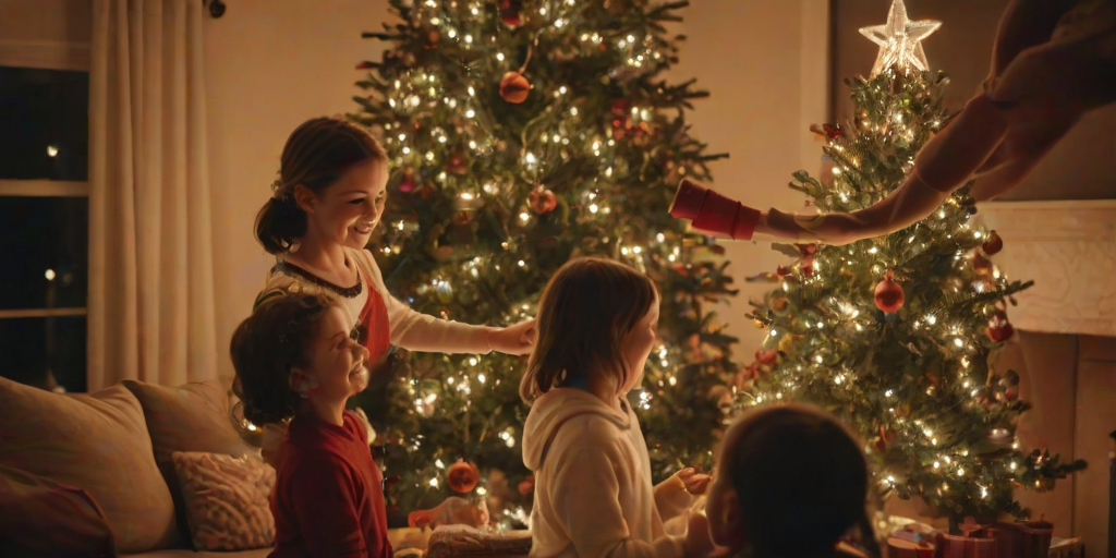 Warmly lit photo of a family decorating a Christmas tree in a cozy living room, soft glow from twinkling lights illuminating their smiles, with the scent of pine and cinnamon filling the air.