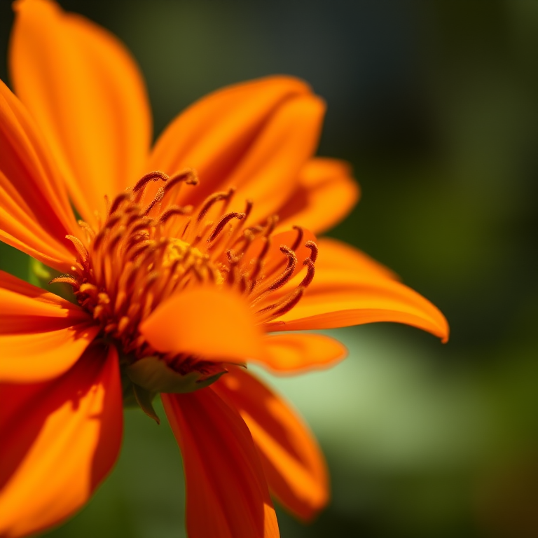 capture a close-up of an orange flower with intricate details, soft focus background, shot with a Canon EOS R5, 100mm macro lens, aperture f/2.8, shutter speed 1/250s, ISO 200, natural sunlight for enhanced colors and contrast