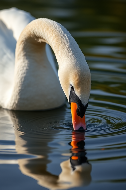 A graceful swan gracefully dipping its head into calm waters, capturing the elegant curves of its neck and pristine white feathers, shot at 50mm focal length, aperture f/2.8, ISO 100, in soft natural light with a DSLR camera at eye level to highlight reflections in the water.