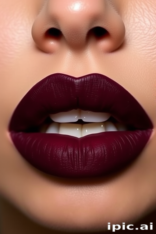 Matte burgundy lips with a velvet texture, called "Midnight Merlot," boast a rich, deep color and precise edges for a sophisticated evening appearance