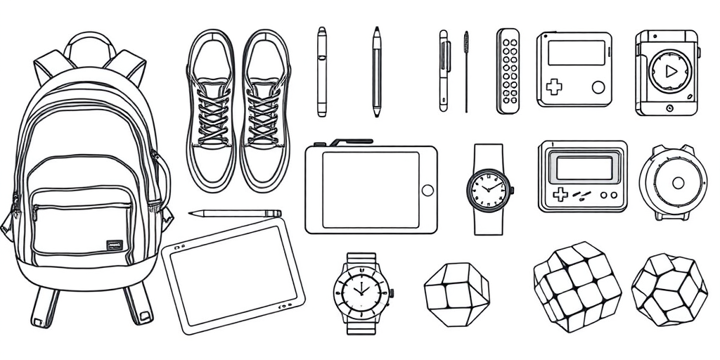 Generate a high-quality line art illustration of a backpack, two pairs of shoes, a pen, a pencil case, a digital drawing tablet, a smartwatch, a handheld gaming console, a cassette player, a yo-yo, and a Rubik's cube, using a DSLR camera with a 50mm lens, f/2.8 aperture, 1/125s shutter speed, and ISO 100, top-down view in bright lighting to enhance details and contrast.