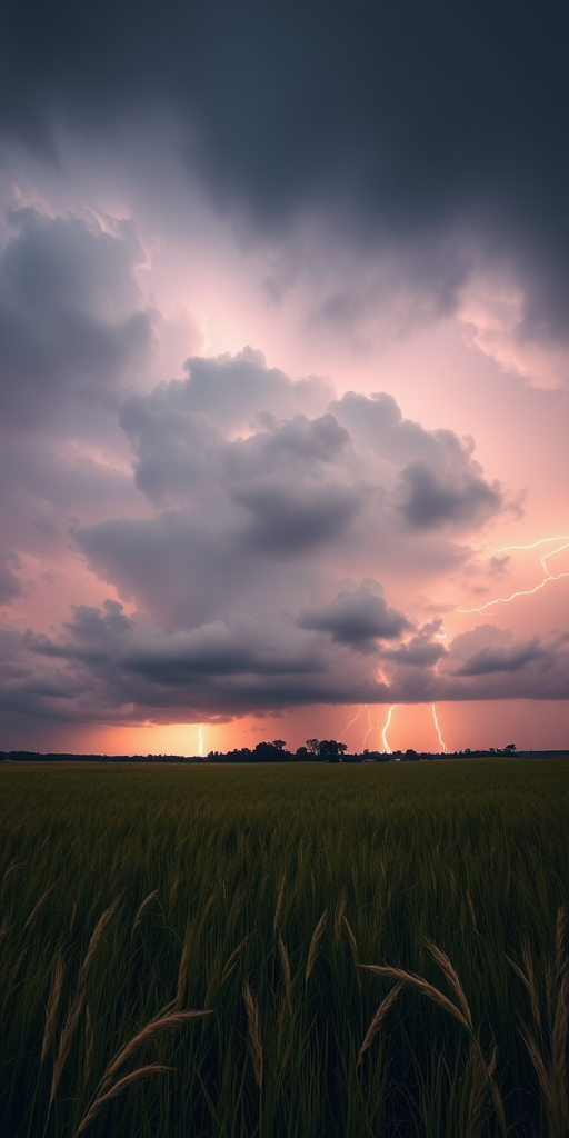 Sharp, high-contrast photo of a thunderstorm rolling in over a field, dark clouds gathering in the sky, soft wind blowing through the tall grass, distant lightning illuminating the horizon, and the sense of nature's power captured.