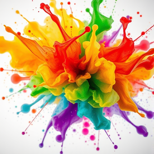 vibrant abstract watercolor explosion with bold colors of red, orange, yellow, green, blue, and purple, high saturation, soft focus background, DSLR camera, 50mm lens, f/1.8 aperture, 1/125 sec shutter speed, ISO 100
