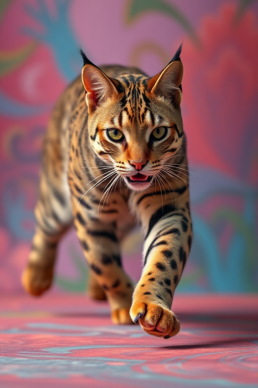 large, dynamic feline, mid-stride, aggressive pose, highly detailed fur texture, vibrant background, 85mm lens, f/2.8 aperture, ISO 100, shot at 1/500 sec, studio lighting, DSLR camera
