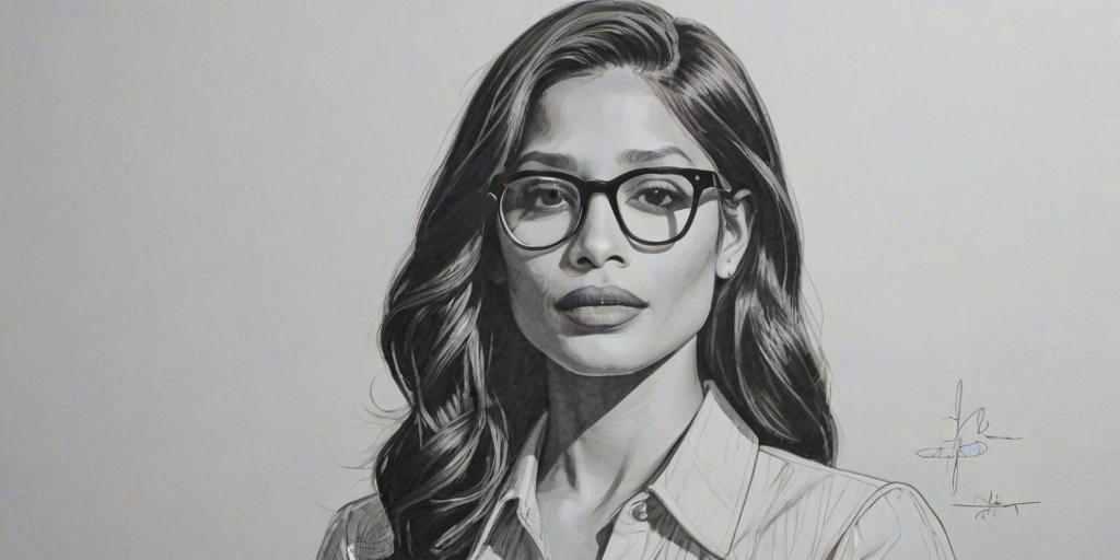 Resplendent Freida Pinto, pencil sketch, portrait of Dazzling woman 1947s in glasses, hair style beatnik, outline, clear lines, fine lines, 8k