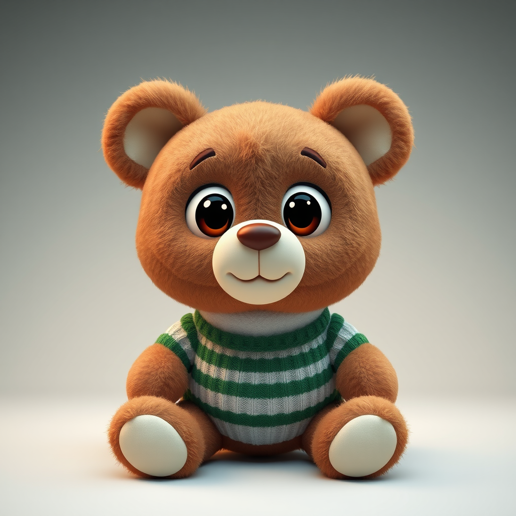 Create a cute cartoon teddy bear character with big expressive eyes, wearing a green and white striped sweater, in a well-lit studio setting, using a DSLR camera, f/2.8 aperture, ISO 100, 50mm lens, 1/125s shutter speed, and a soft-focus background for enhanced image quality.