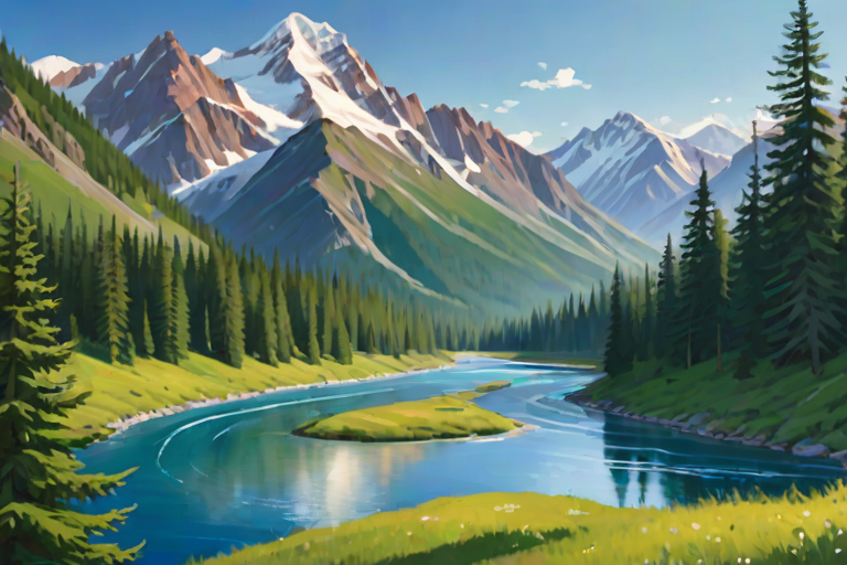 create a vibrant and colorful illustration of a serene landscape featuring lush green mountains with snow-capped peaks, a winding blue river flowing through the scene, scattered evergreen trees, and a clear blue sky in the background.