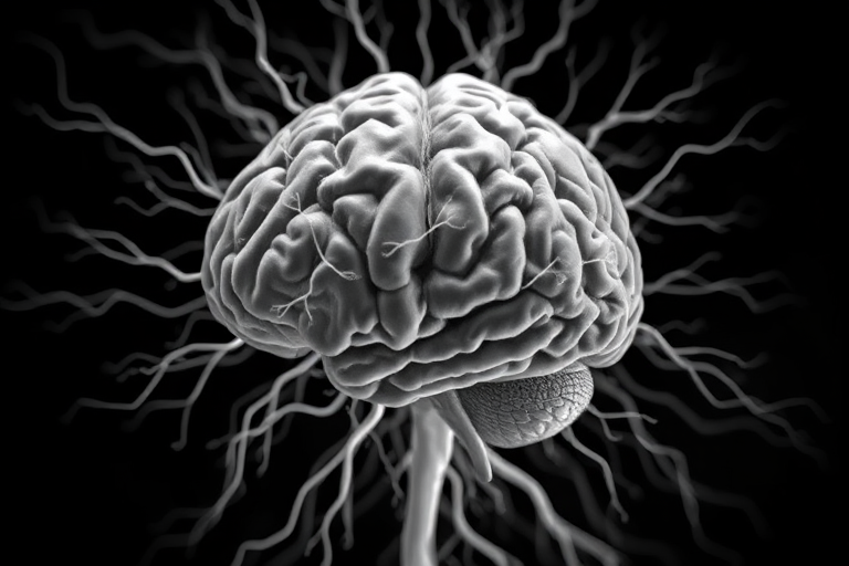 Create an abstract black and white image of a brain with intricate neural pathways radiating outward, using a high-resolution DSLR camera with a 50mm lens, aperture set to f/1.8, ISO 200, shot from a top-down view with soft focus around the edges to enhance depth.