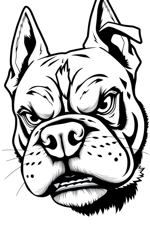 Create a high-resolution black and white vector illustration of an angry dog face with exaggerated features, low-angle view, using a DSLR camera with a 50mm lens at f/1.8, ISO 100, and shutter speed 1/200 sec.
