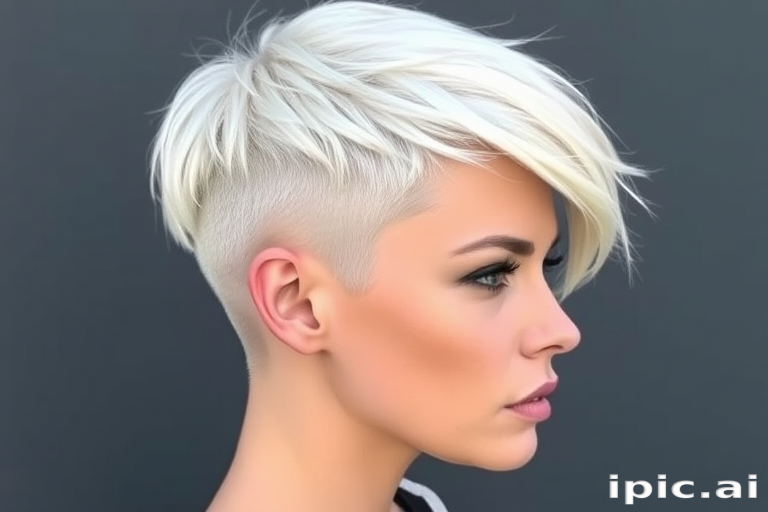 Striking platinum blonde pixie cut with asymmetrical bangs, dubbed "Arctic Frost," boasting shaved sides and a textured crown for an edgy yet sophisticated look