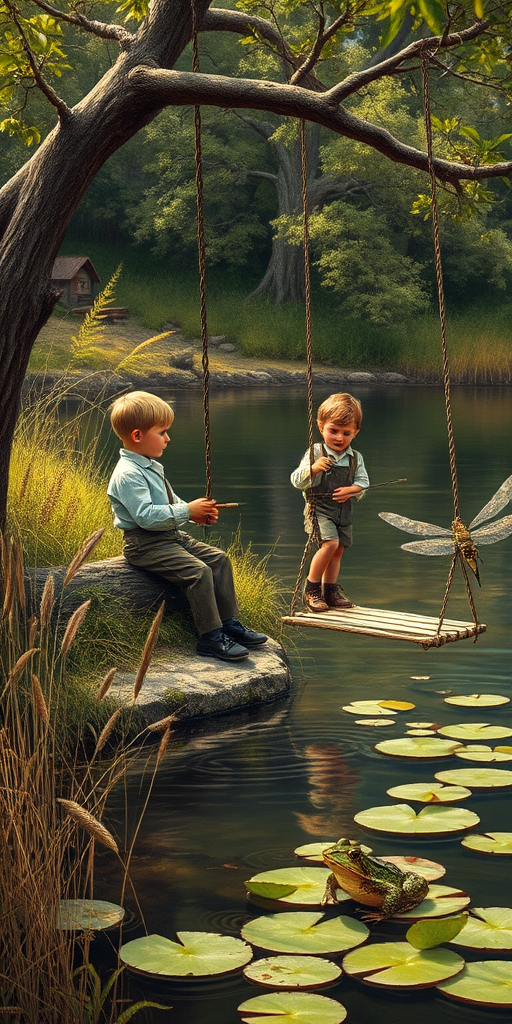 Imagine a small group of old fashioned young boys out fishing by the creek, a swing hanging from a tree branch, reeds and grasses by the water's edge, a frog sitting on a lily pad, dragonflies hovering over som water plans, a very iconic old fashioned scene reminiscent of a Norman Rockwell painting style