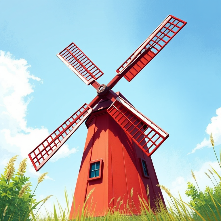 Create a detailed illustration of a red windmill with four large blades, viewed from a low angle to emphasize height, in a bright, clear style, with natural lighting, using a digital painting approach and a resolution of 300 DPI.