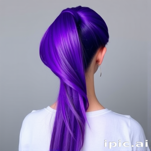 Intense ultraviolet purple hair in the "Cosmic Queen" design features a long, sleek ponytail with holographic accents