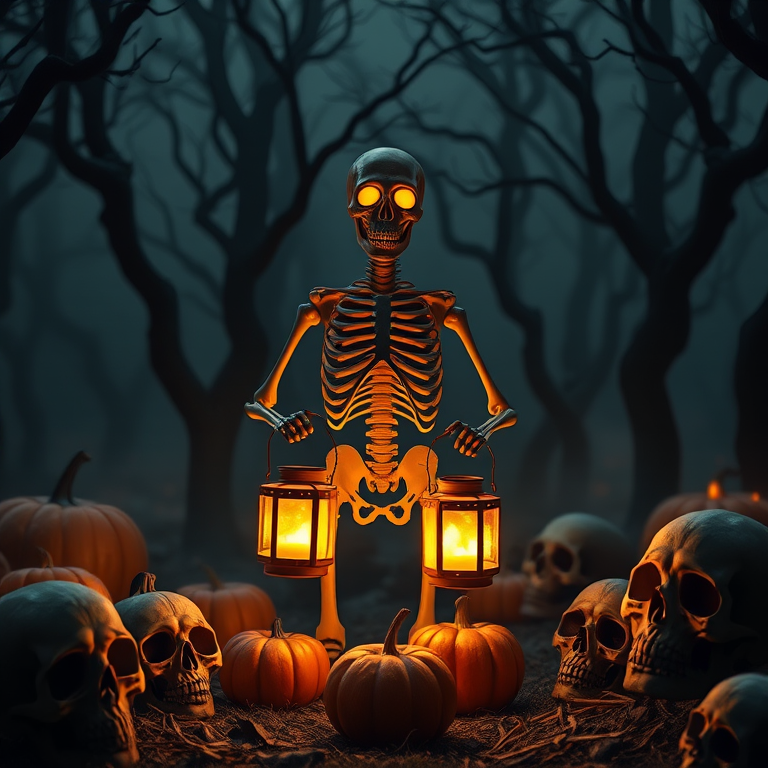 Create a spooky scene featuring a skeleton figure with glowing eyes holding two lanterns that emit an eerie light in a dark forest setting surrounded by carved pumpkins and ominous skulls. The atmosphere should be haunting with mist and twisted trees in the background, emphasizing a Halloween theme.