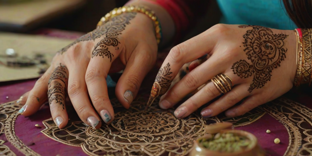 Close-up of a woman's hands creating intricate henna designs, her concentration evident, with vibrant colors and delicate patterns surrounding her workspace.